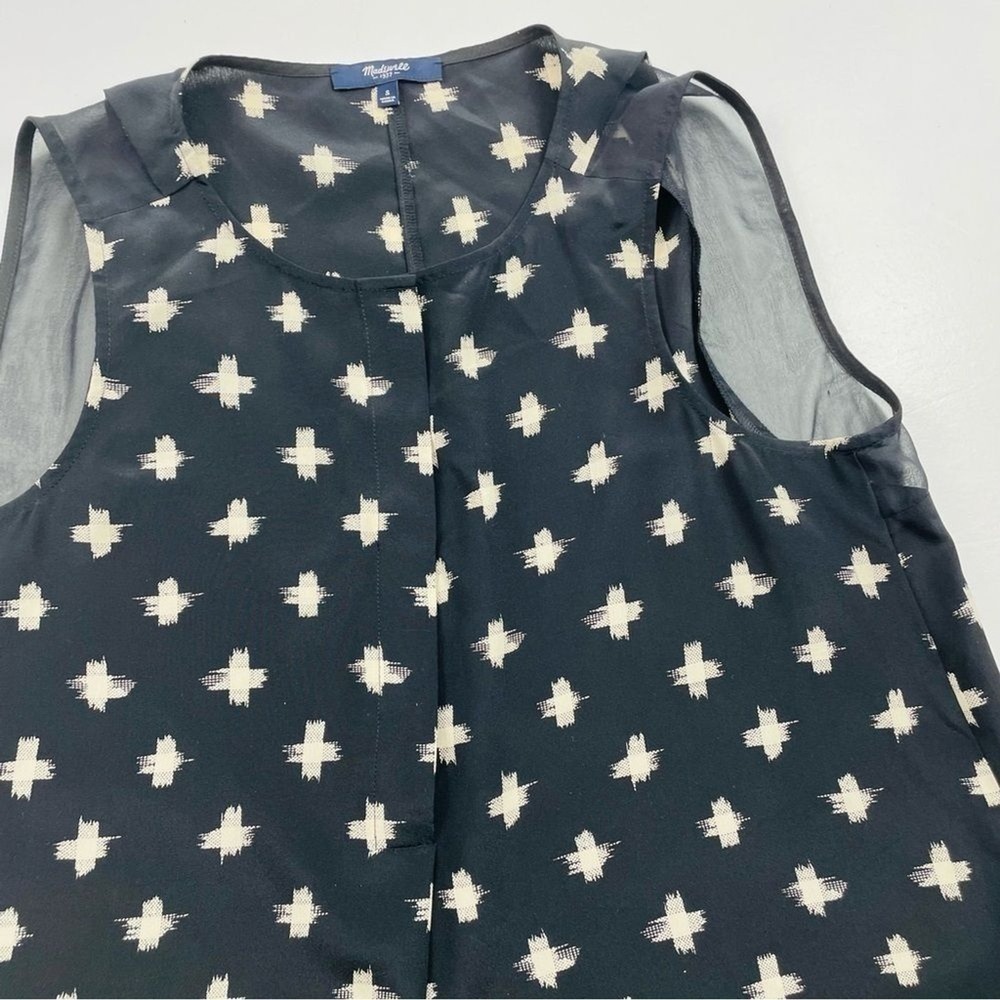 Madewell 100% Silk Sleeveless Blouse Black Beige Cross Print Top Small Casual - Picture 7 of 11